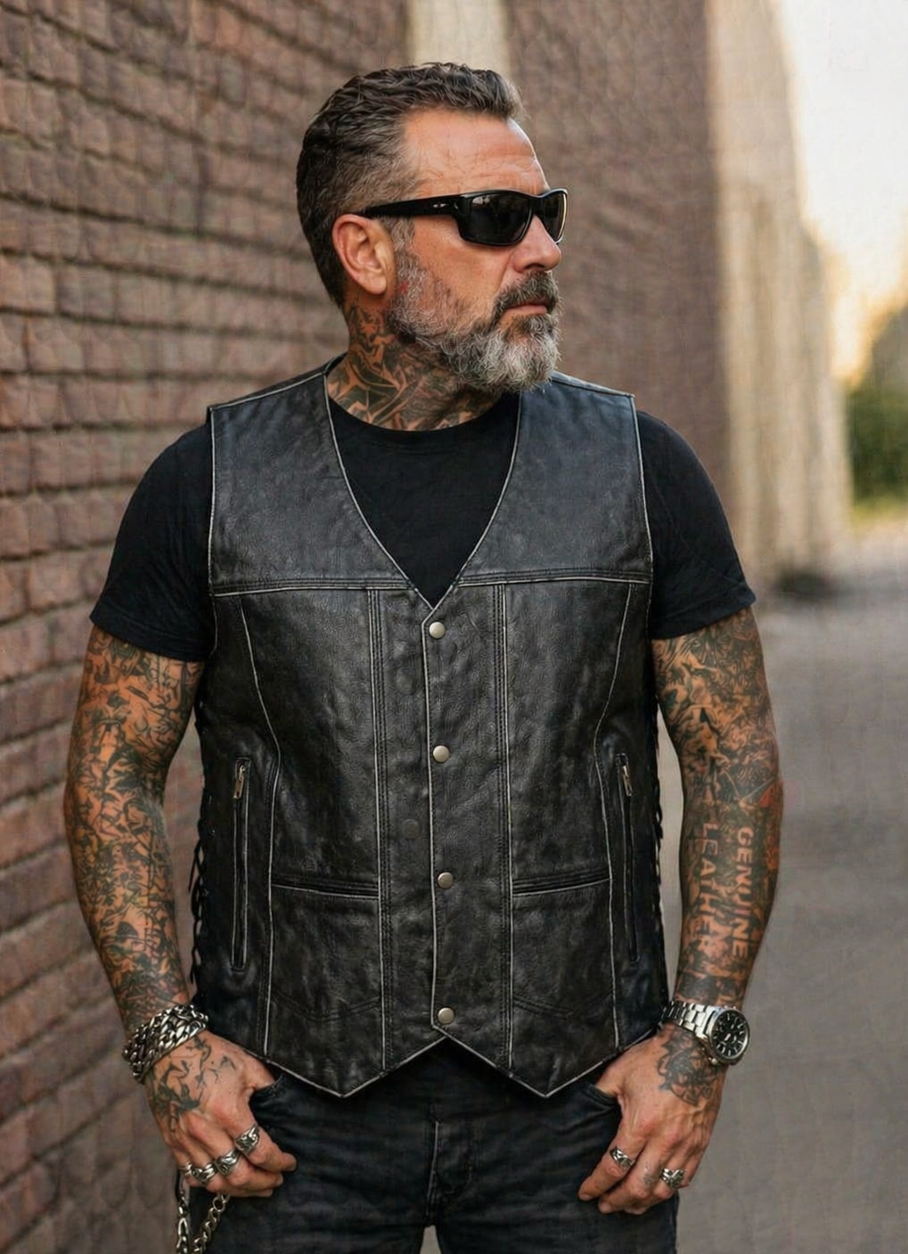 ARD CHAMPS™ Men’s Grey Genuine Leather 10 Pockets Motorcycle Biker Vest