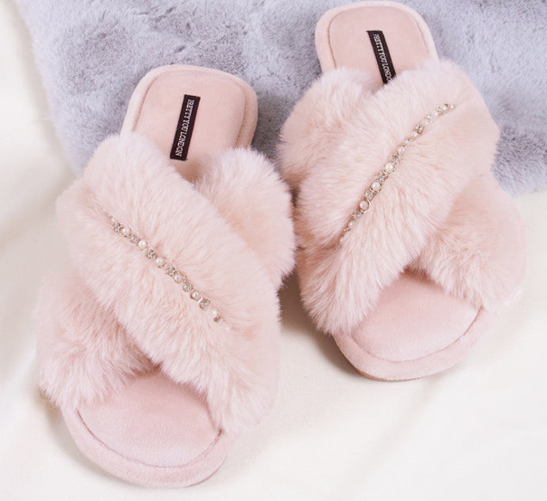 Pretty You London Elegant Women Faux Fur Slip-on PINK Jewel Rhinestone Slippers