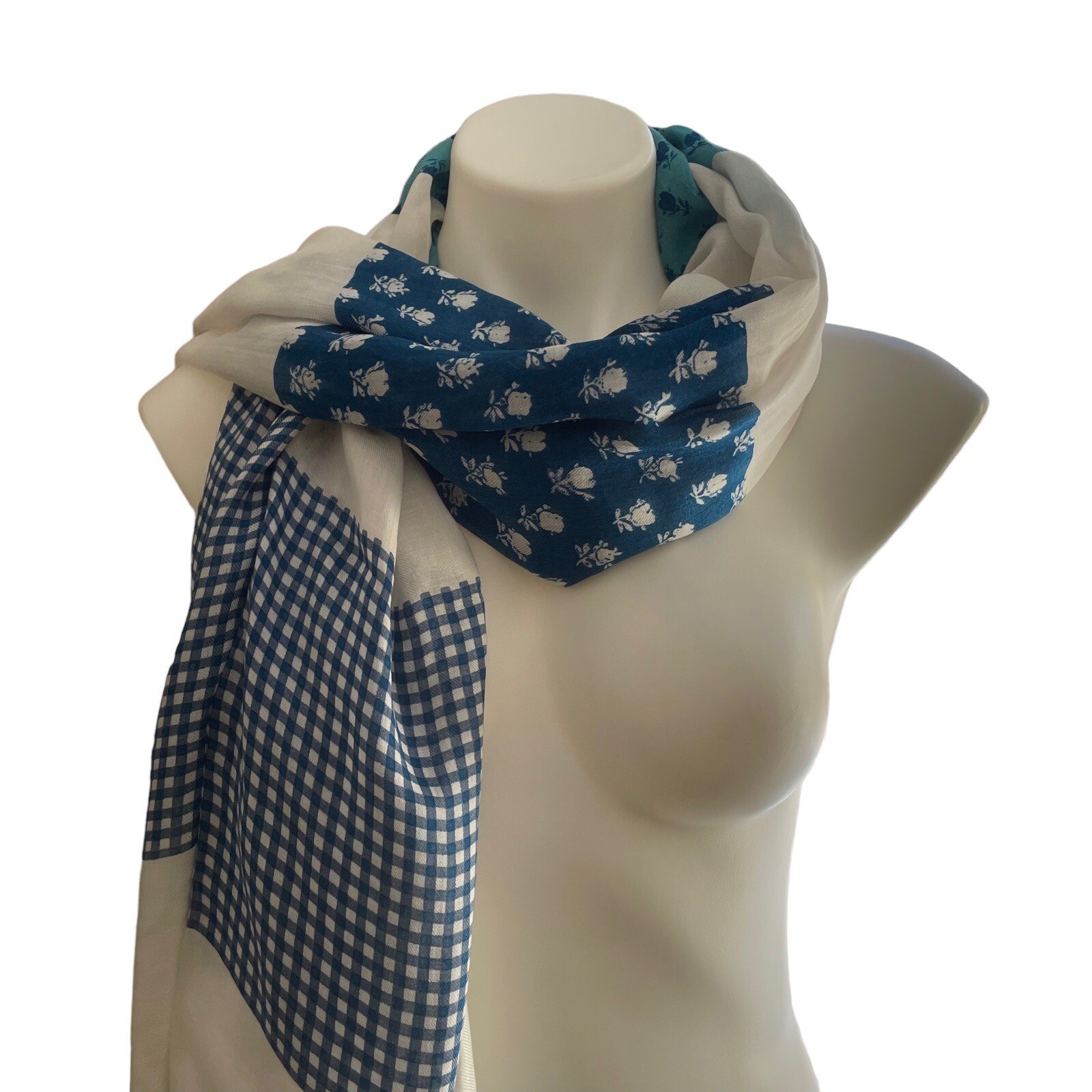 NWT Coach Scarf 50×70 Blue White Floral Checks Badlands Patchwork