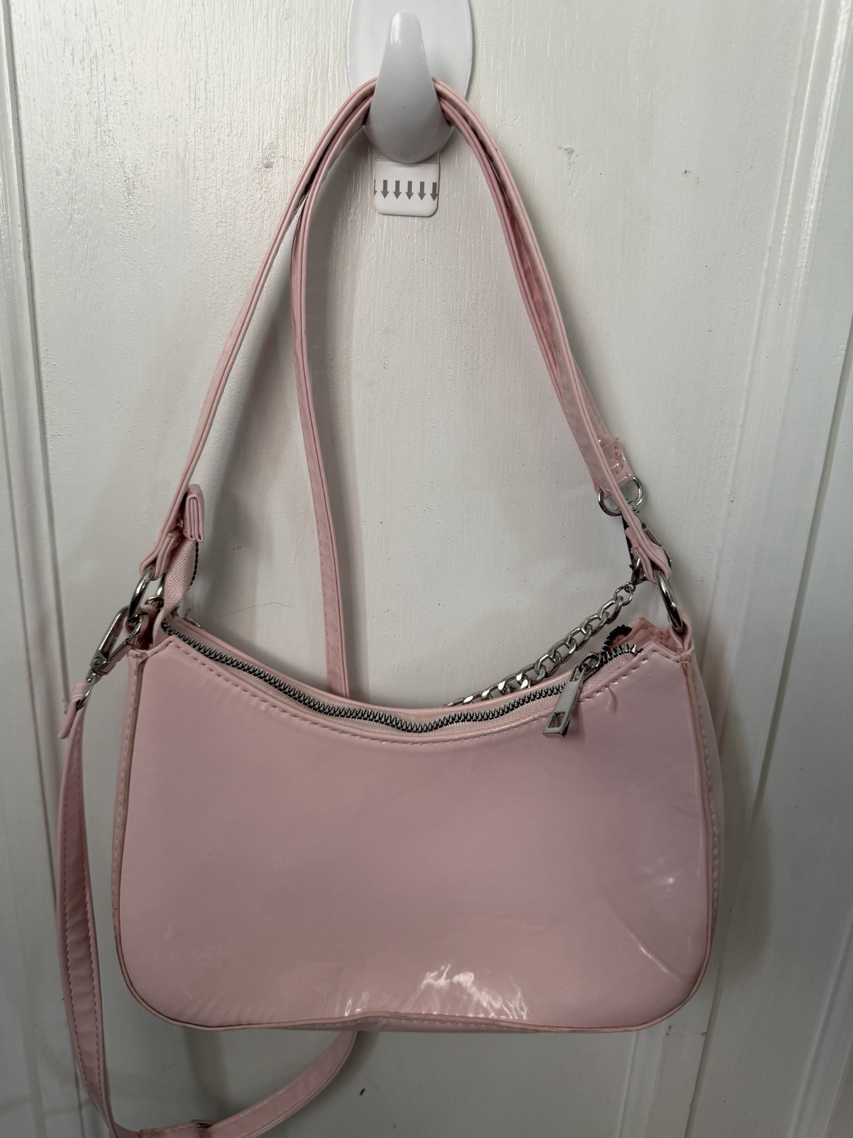 Primark Pink Patent Shoulder Bag Crossbody Strap Detachable Strap Silver Zip
