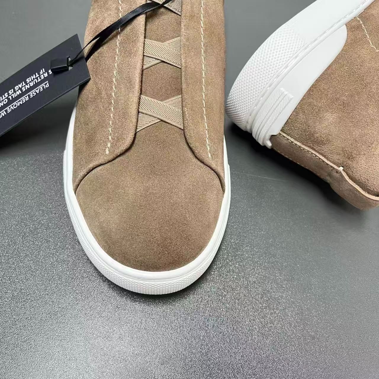 ZEGNA Triple Stitch Men’s Brown Suede Slip-On Sneakers White Sole Size 6-12
