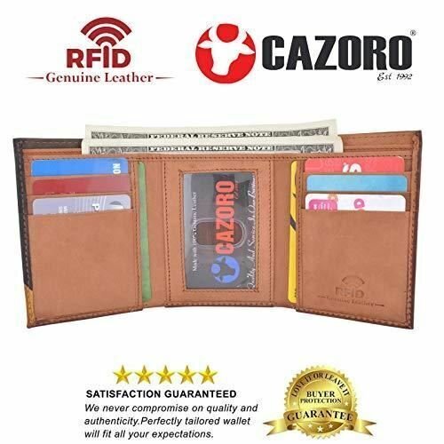 Cazoro Men’s Wallet RFID Genuine Leather Slim Trifold with ID Window and Card Sl