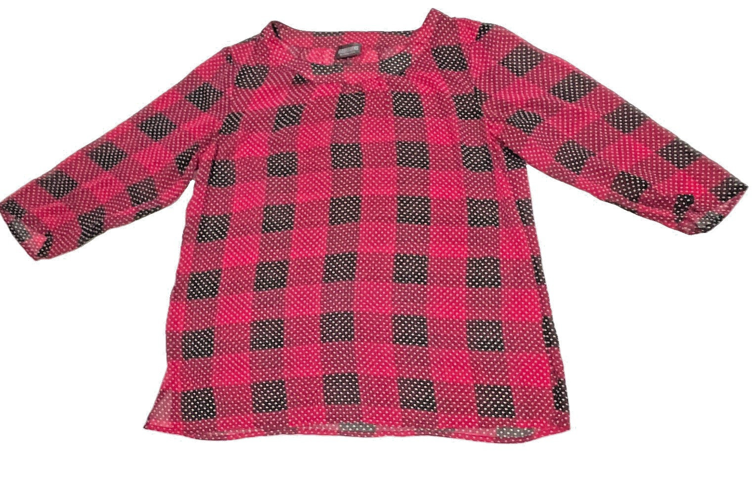 Chico’s Additions Black Fuchsia Plaid Polka Dot Sheer Tunic Top ¾ Sleeve 0