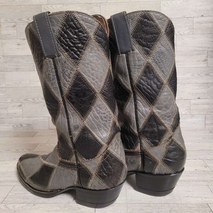Men’s Cowtown Patchwork Black Grey Bullhide Leather Rodeo Cowboy Boots Size 7.5