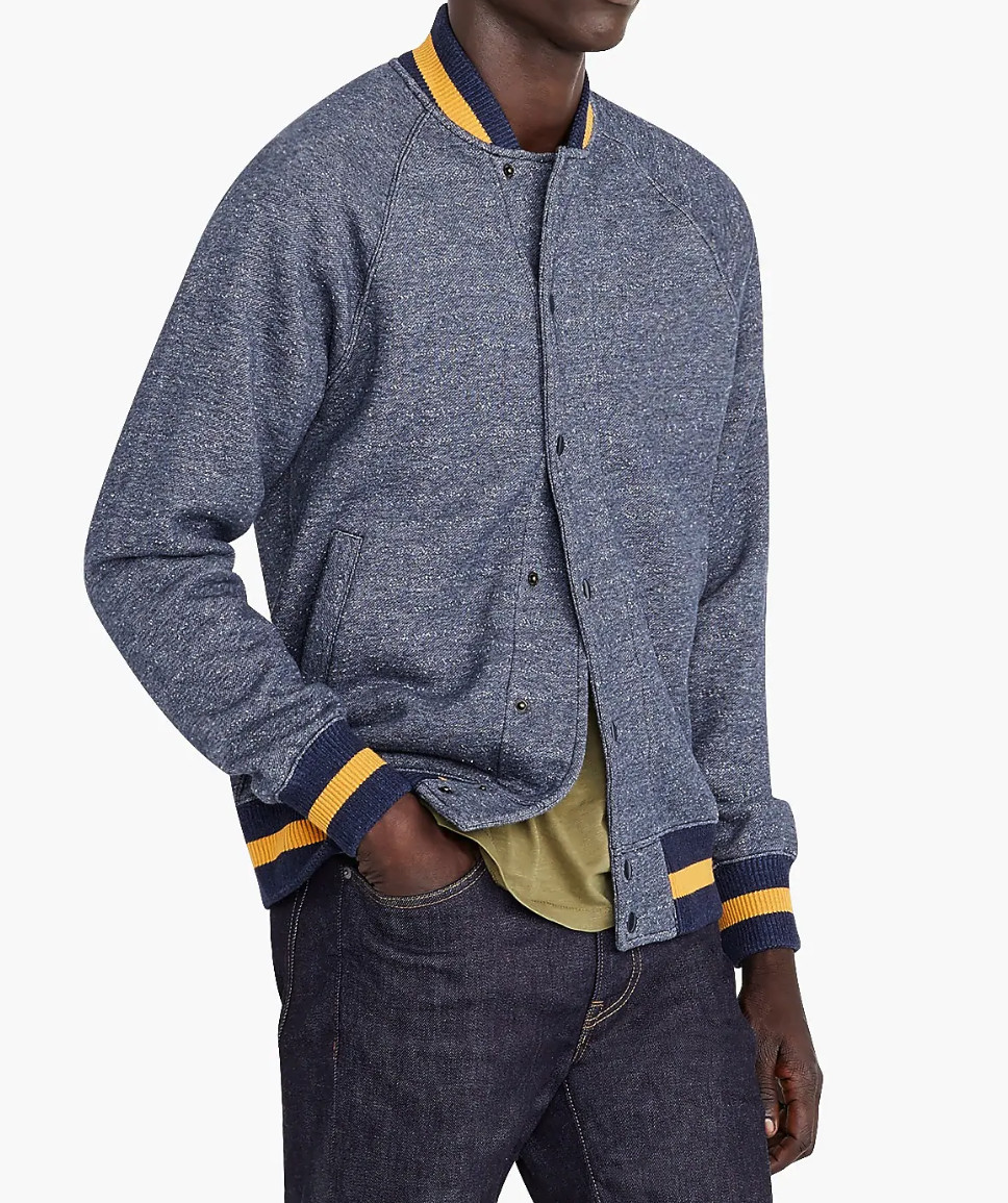 J.CREW varsity knit jacket fleece college letterman navy blue stripe sweater L