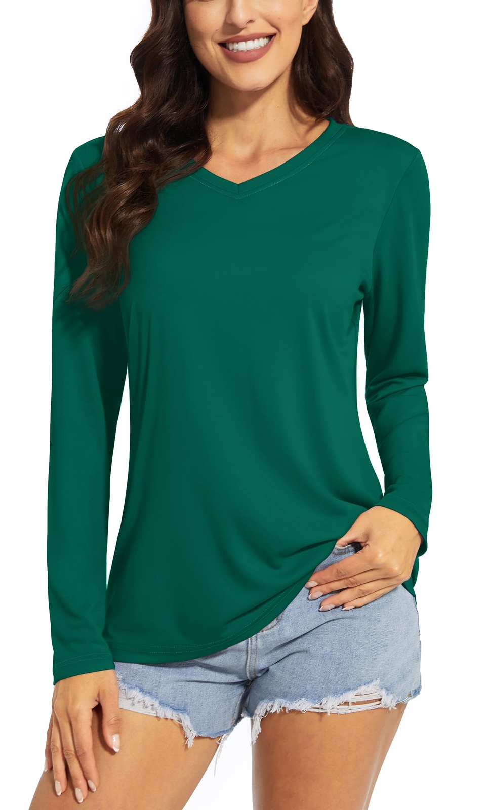 UPF50+ Womens Rash Guard Shirts Long Sleeve Quick Dry V-Neck Hiking Sports Tops