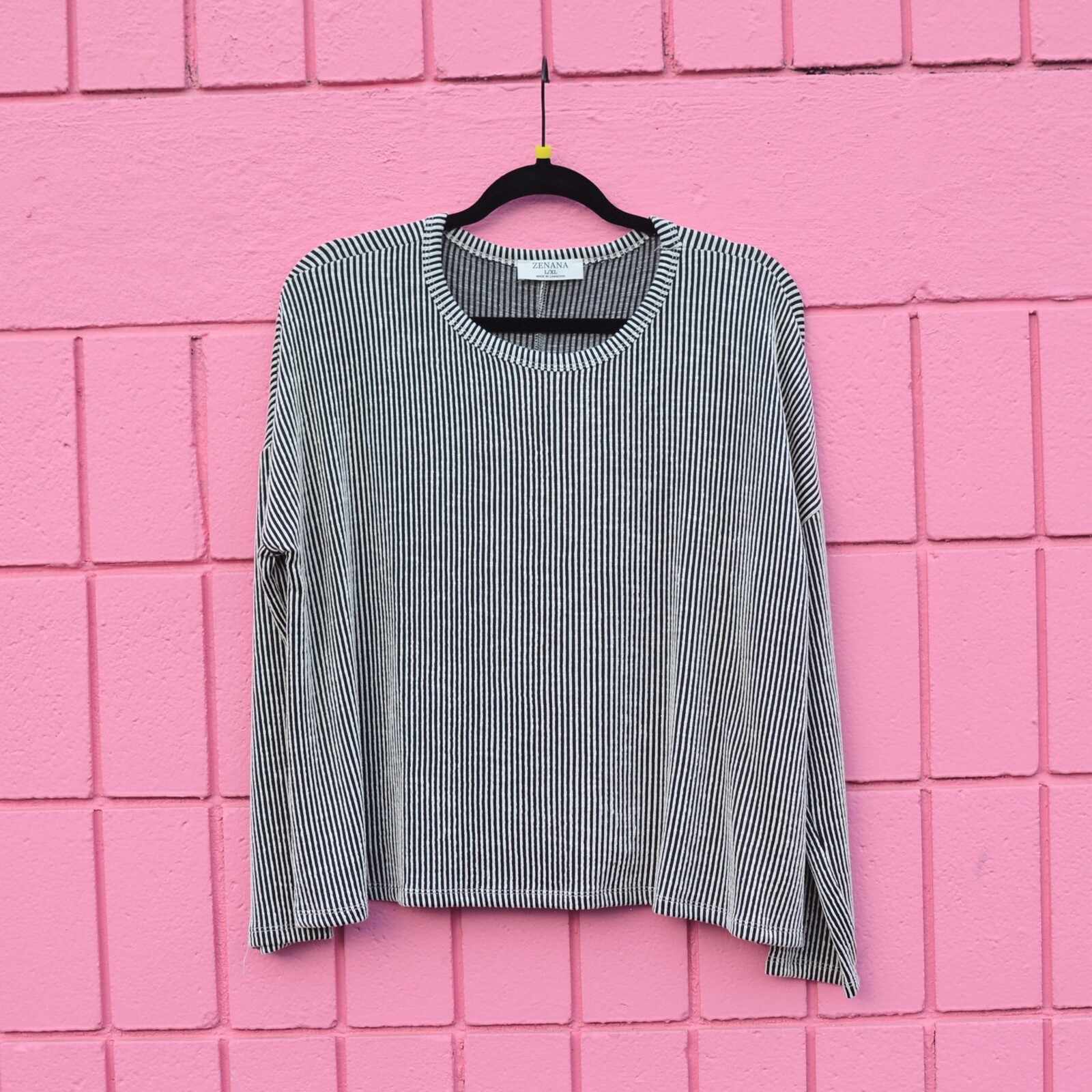 #204 L Zenana Black White Stripe Long Sleeve Ribbed Fuzz Top