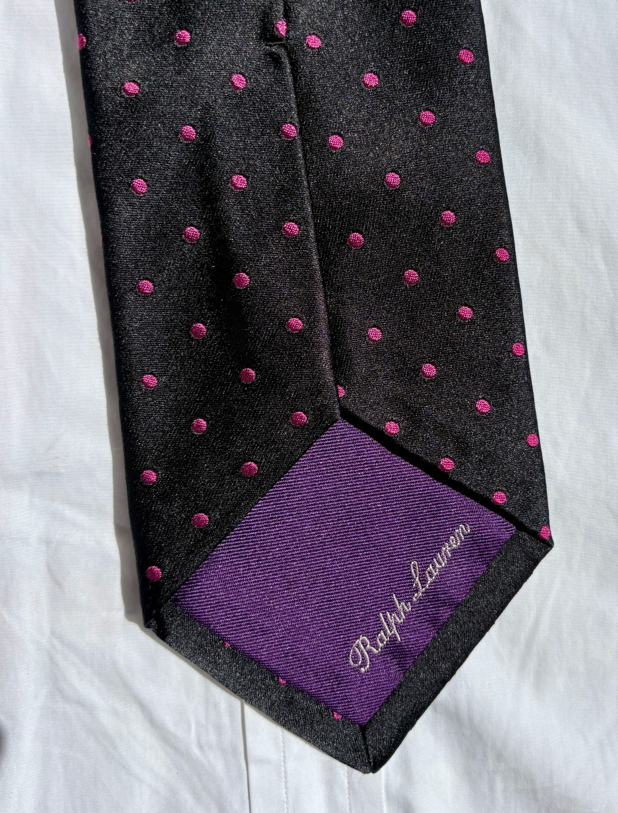 Ralph Lauren Purple Label Black Silk Tie – Woven Purple Dots – Italy – $235.00