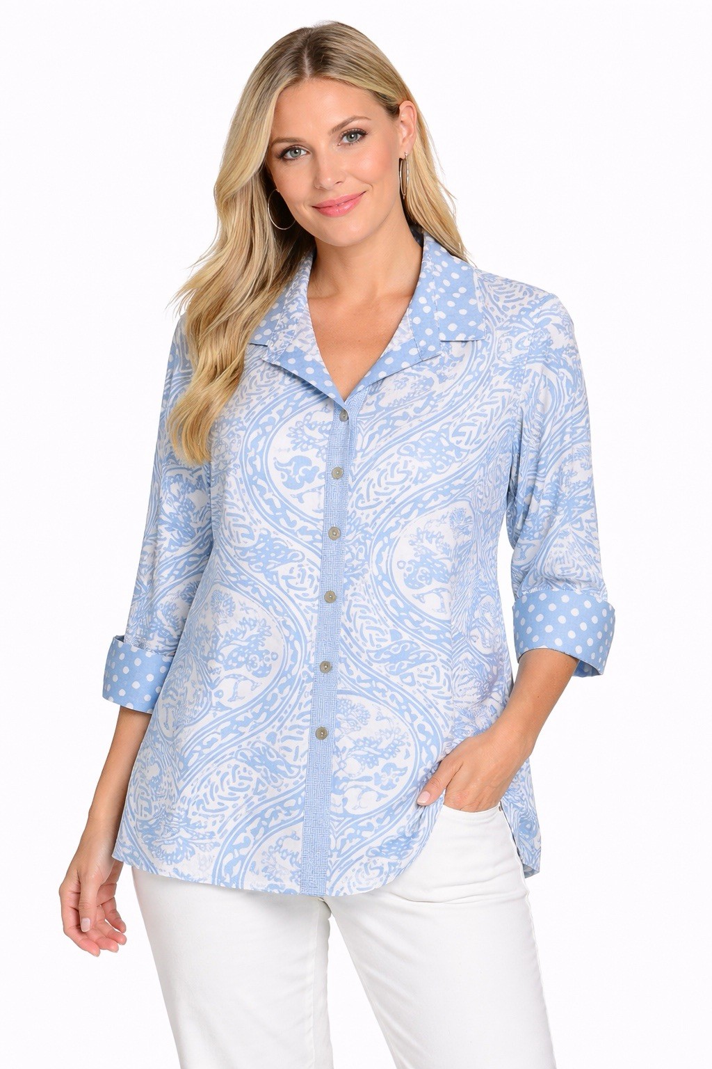 Ali Miles $79 Blouse 100% Cotton Shirt Blue White Flip Cuff Top Sz 1X NEW