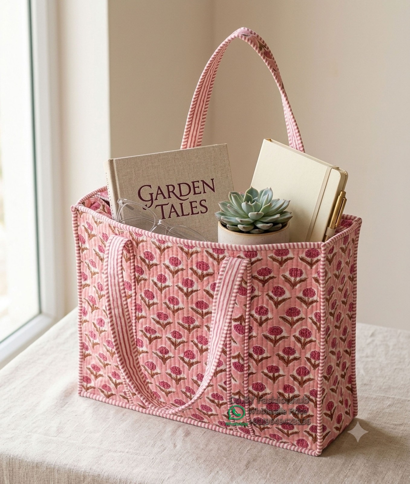 Quilted Tote Bag Handmade Block Print Cotton Handbag Indian Floral Boho Beach