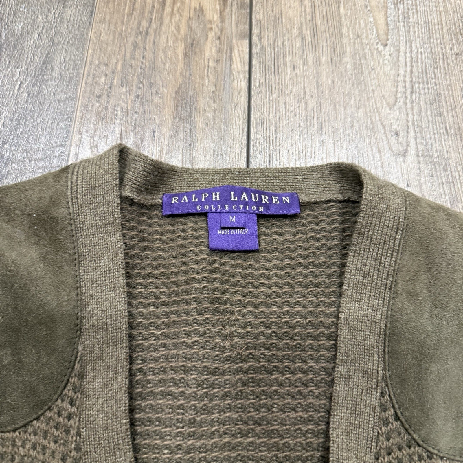 Polo Ralph Lauren Purple Label Olive Brown Textured Knit Suede Shoulder Cardigan