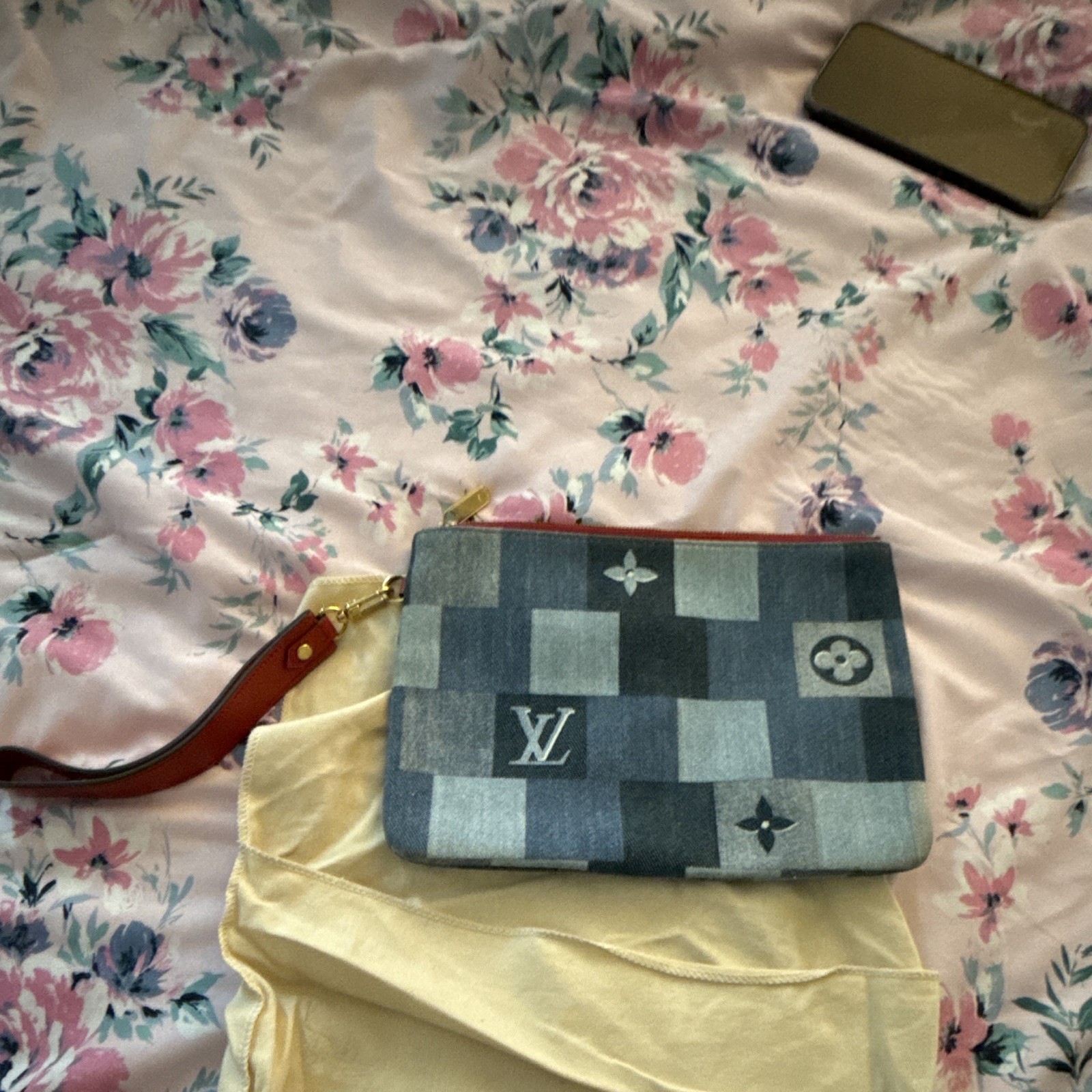 Louis Vuitton Blue Monogram Zip Wristlet Pouch w/ Wrist Strap & Dust Bag