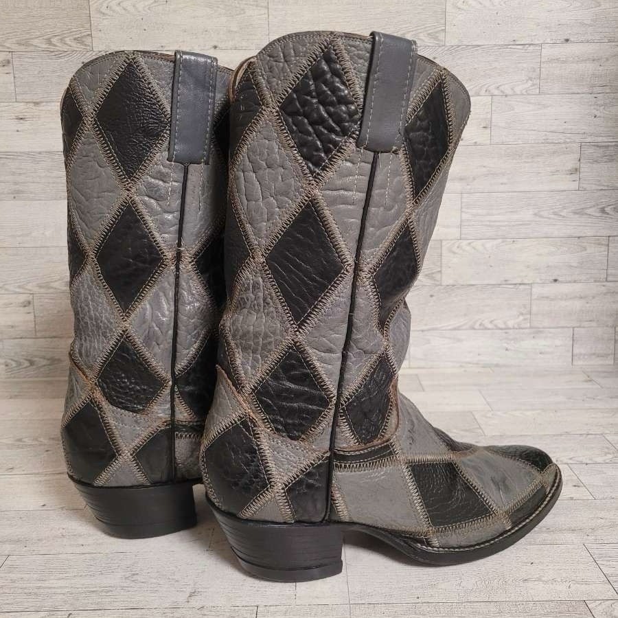 Men’s Cowtown Patchwork Black Grey Bullhide Leather Rodeo Cowboy Boots Size 7.5