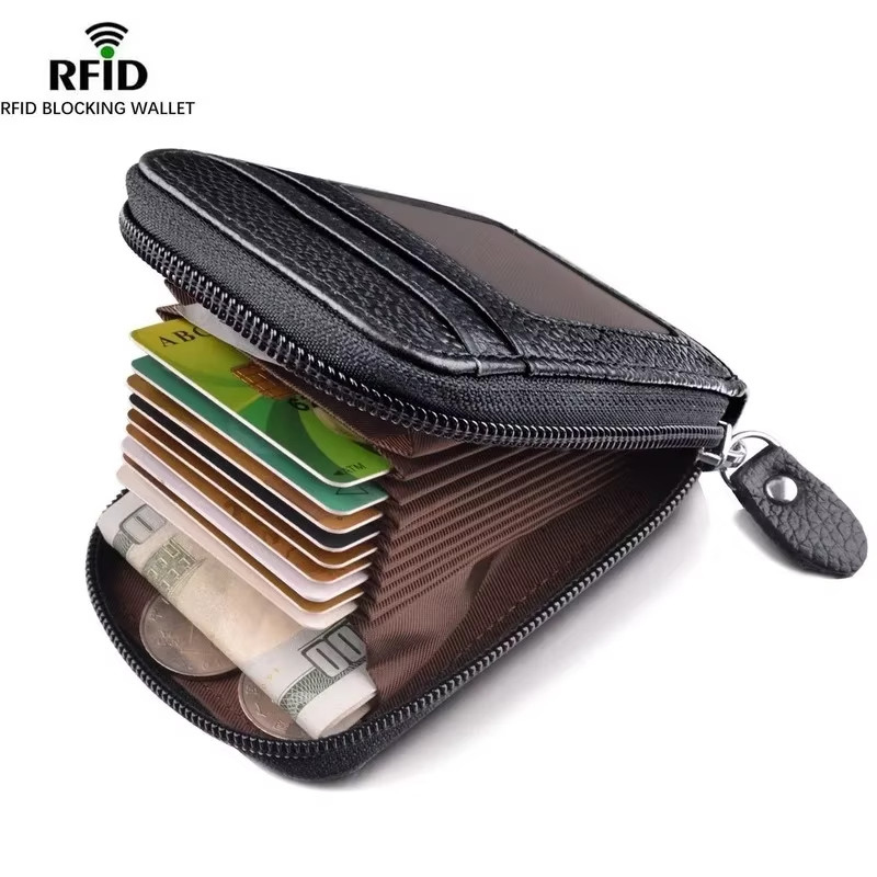 Men PU Leather Wallet RFID Blocking Zipper Card Holder Multi Card Black
