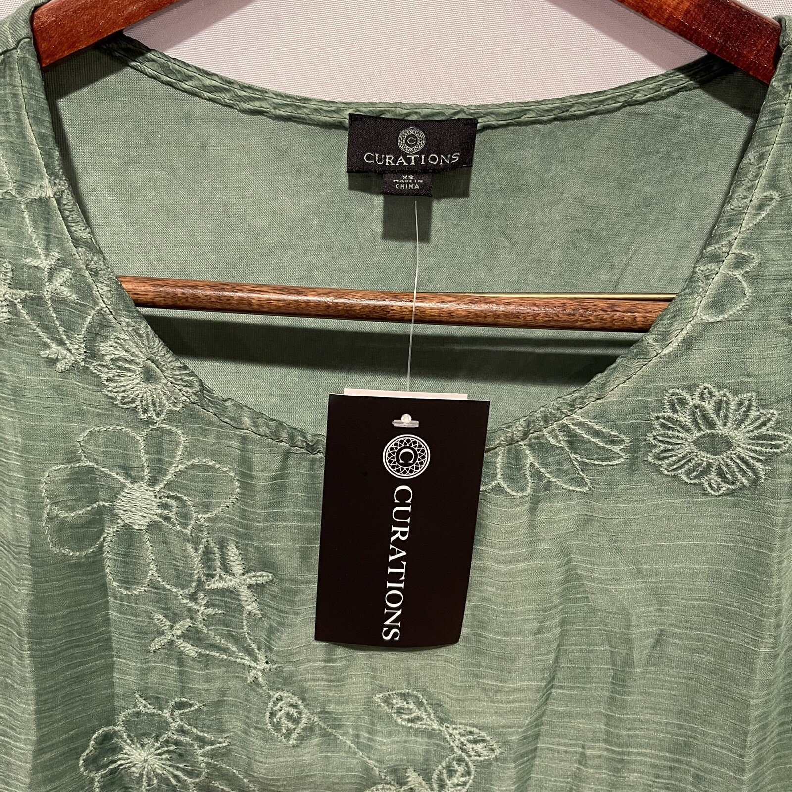 Curations Embroidered Lace Tank Top Green Layered Floral Romantic XS