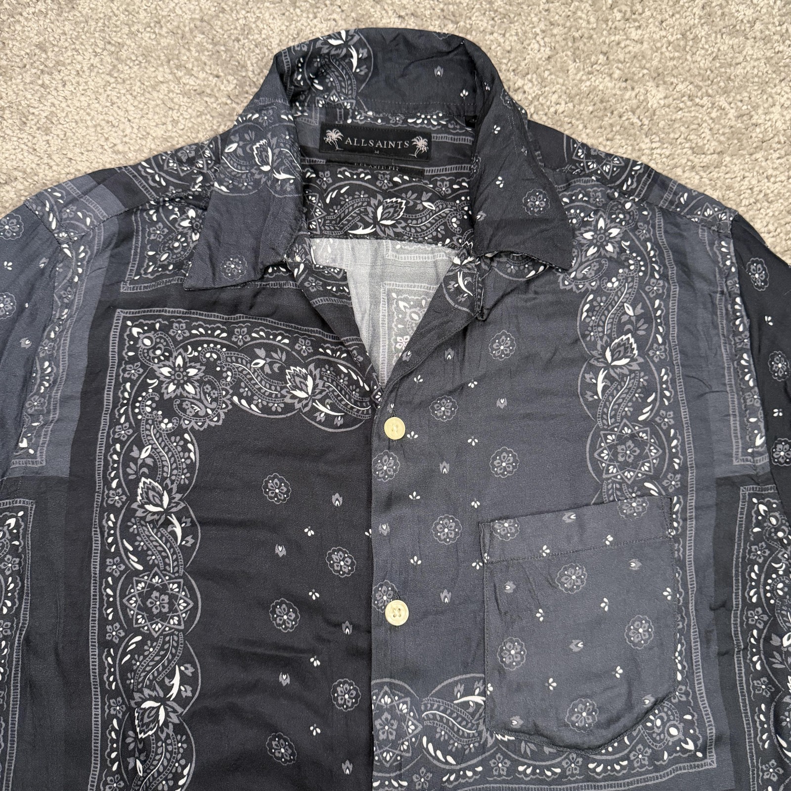 AllSaints Shirt Mens M Black Paisley Button Up Short Sleeve Relaxed Fit