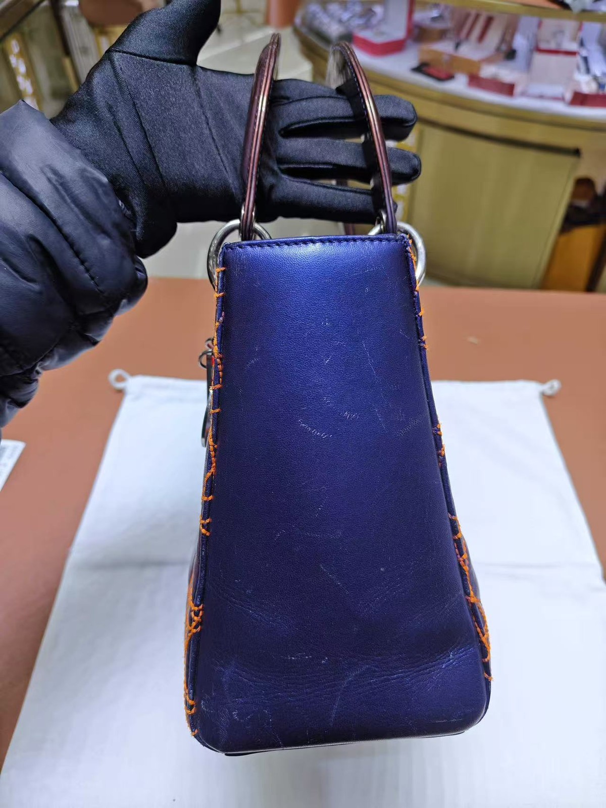 Dior Lady Dior Small Blue Calfskin Orange Stitching Cannage Handle/Crossbody Bag