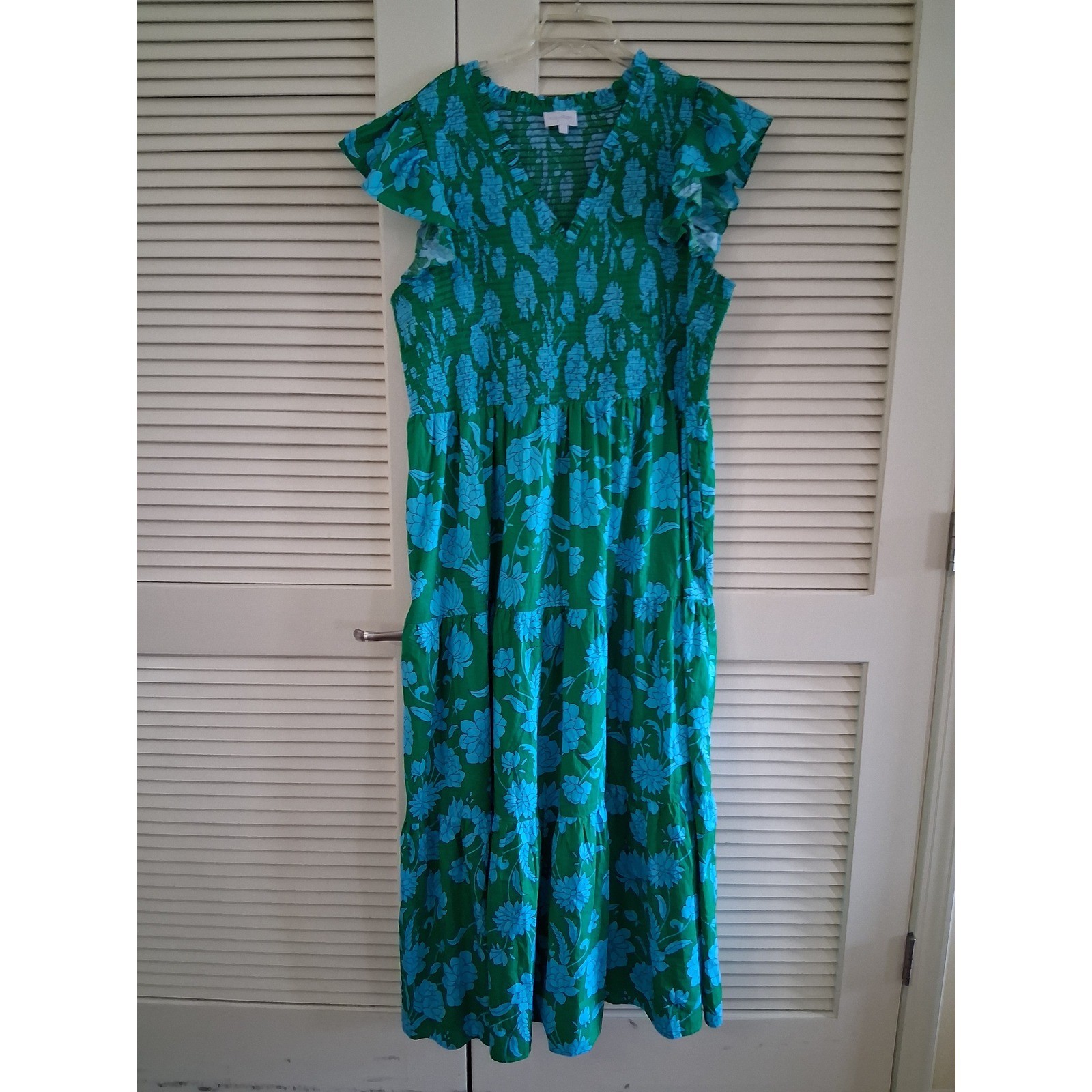Sugarlips Maxi Dress 3X Green Blue Floral Smocked Tiered Coastal Boho Pockets