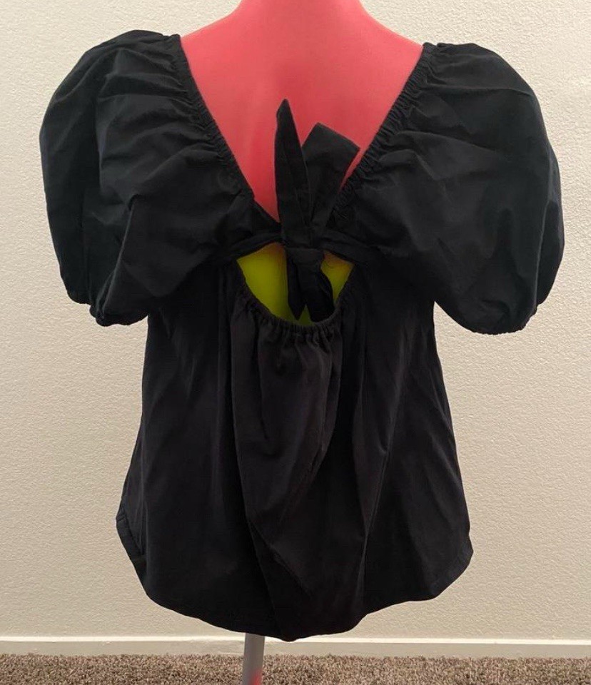 Black Puff Sleeve Top Open Cutout Bow Tie Back Milkmaid Blouse Women’s Size S