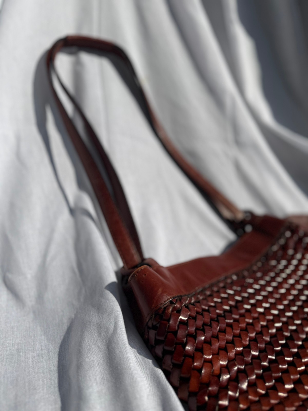 Vintage Etienne Aigner Medium Woven Leather Bucket Shoulder Bag Oxblood Brown
