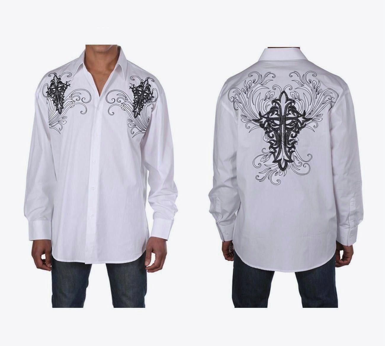 Men’s Western Cotton Embroidered Casual Shirt #42 Black White & Red