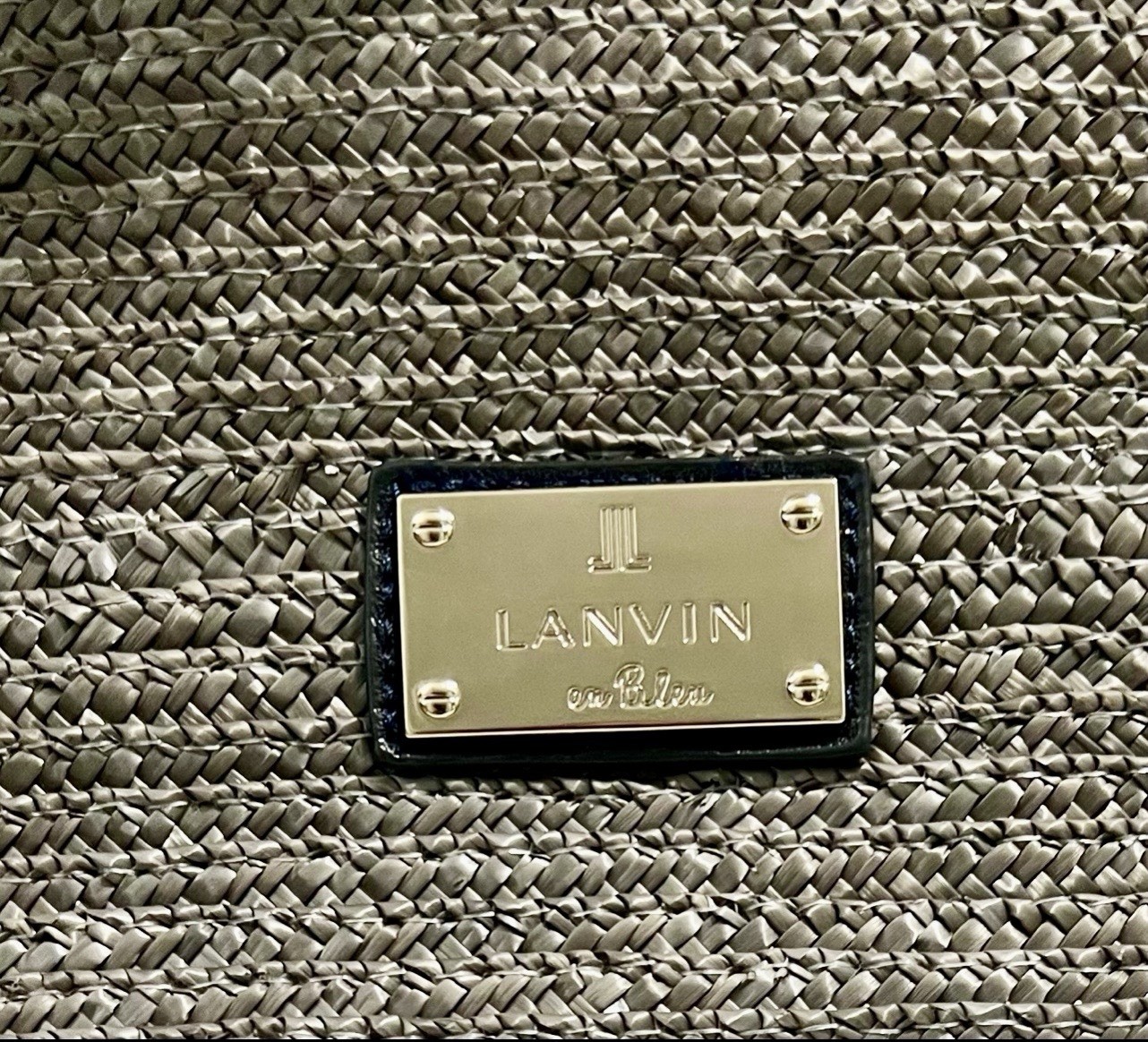 Lanvin Blue And Gray Straw Handbag With Red Flower Accent, Medium Size