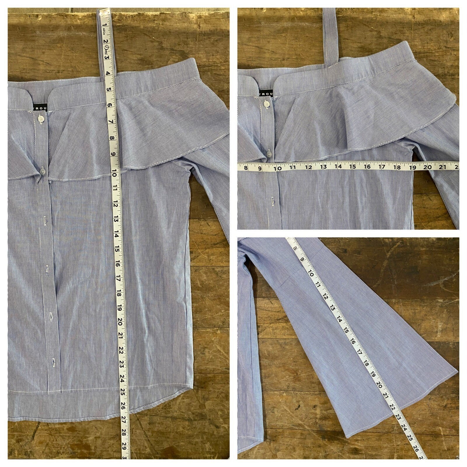 Trouve Blue White Striped Off Shoulder Ruffle Bell Sleeve Cotton Blouse Small
