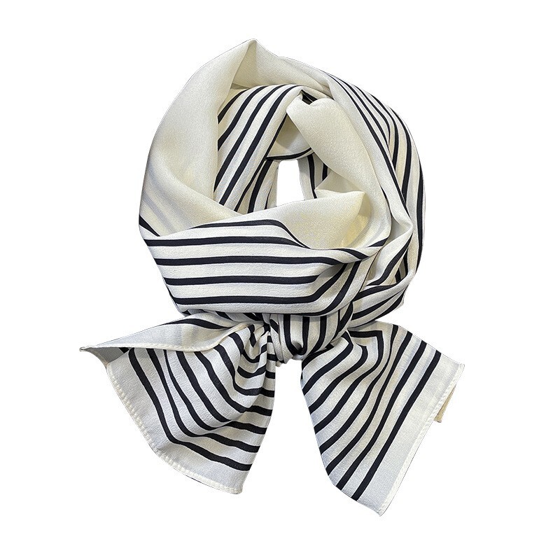 100% Silk Twill Scarf Women 12 Momme Kerchief Long Bandana Double Side Striped