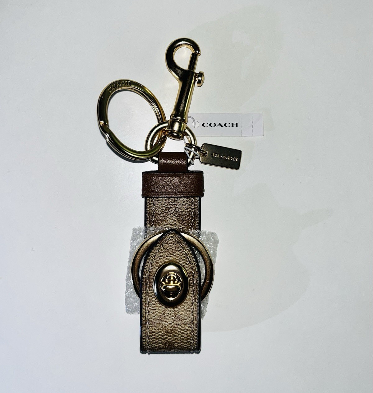 Coach Logo Leather Trigger Snap Key Chain Bag Charm w/ Clasp, Hangtag Brown/Gold