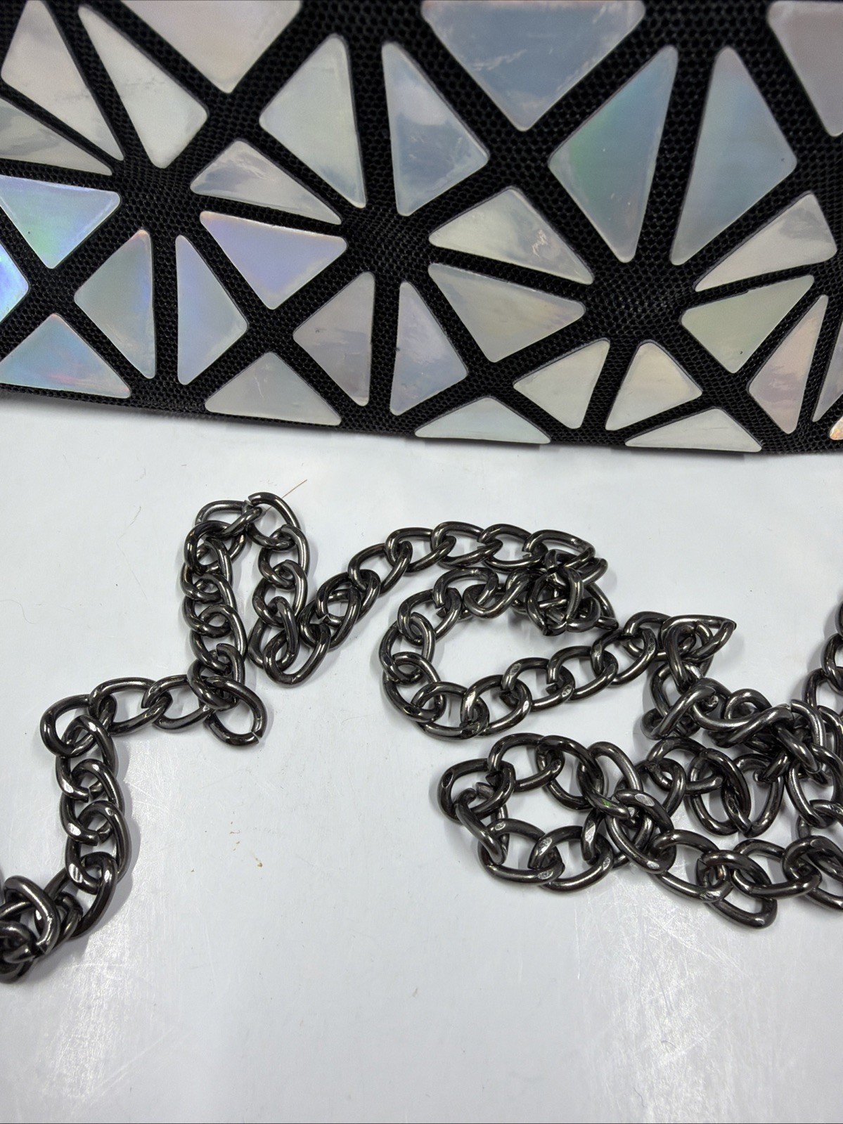 Geometric Iridescent Shoulder Bag Chain Strap Silver Black Collapsible Fashion