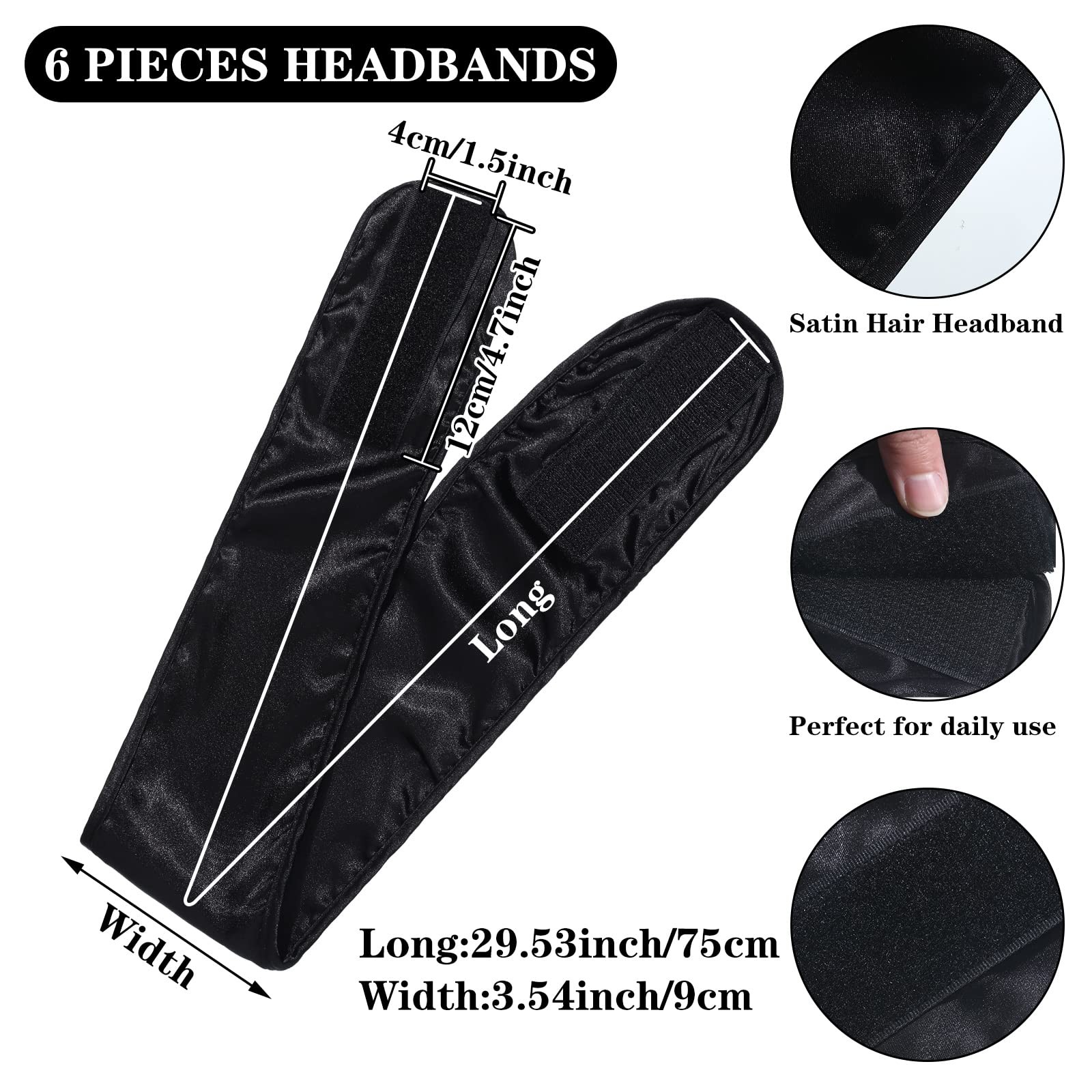 Hercicy 6 Packs Black Satin Spa Headband Silk One Size Fits Most, Color