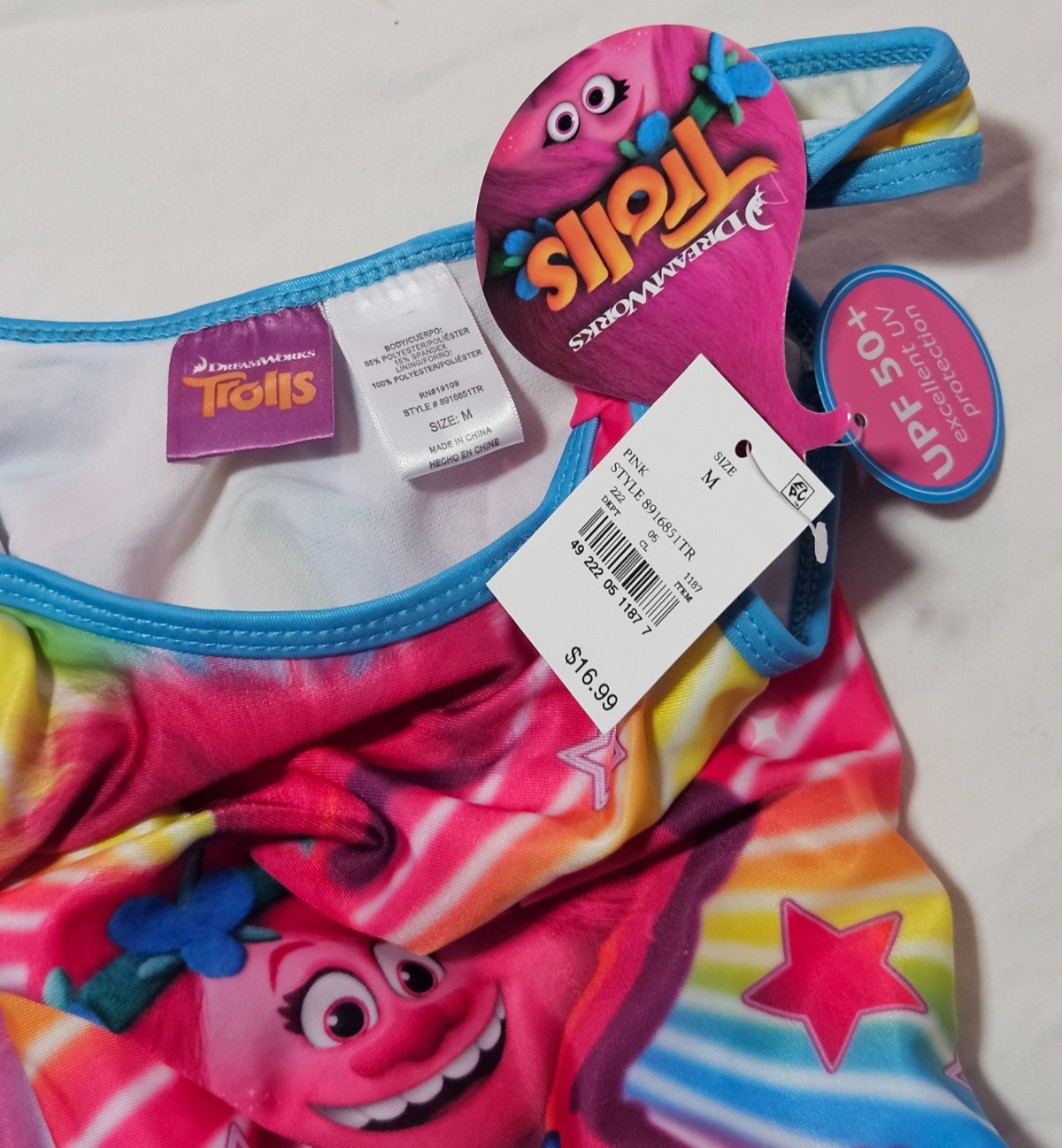 Medium Trolls Swimsuit for Girls, One Piece, Pink with Rainbow Colors, NWT