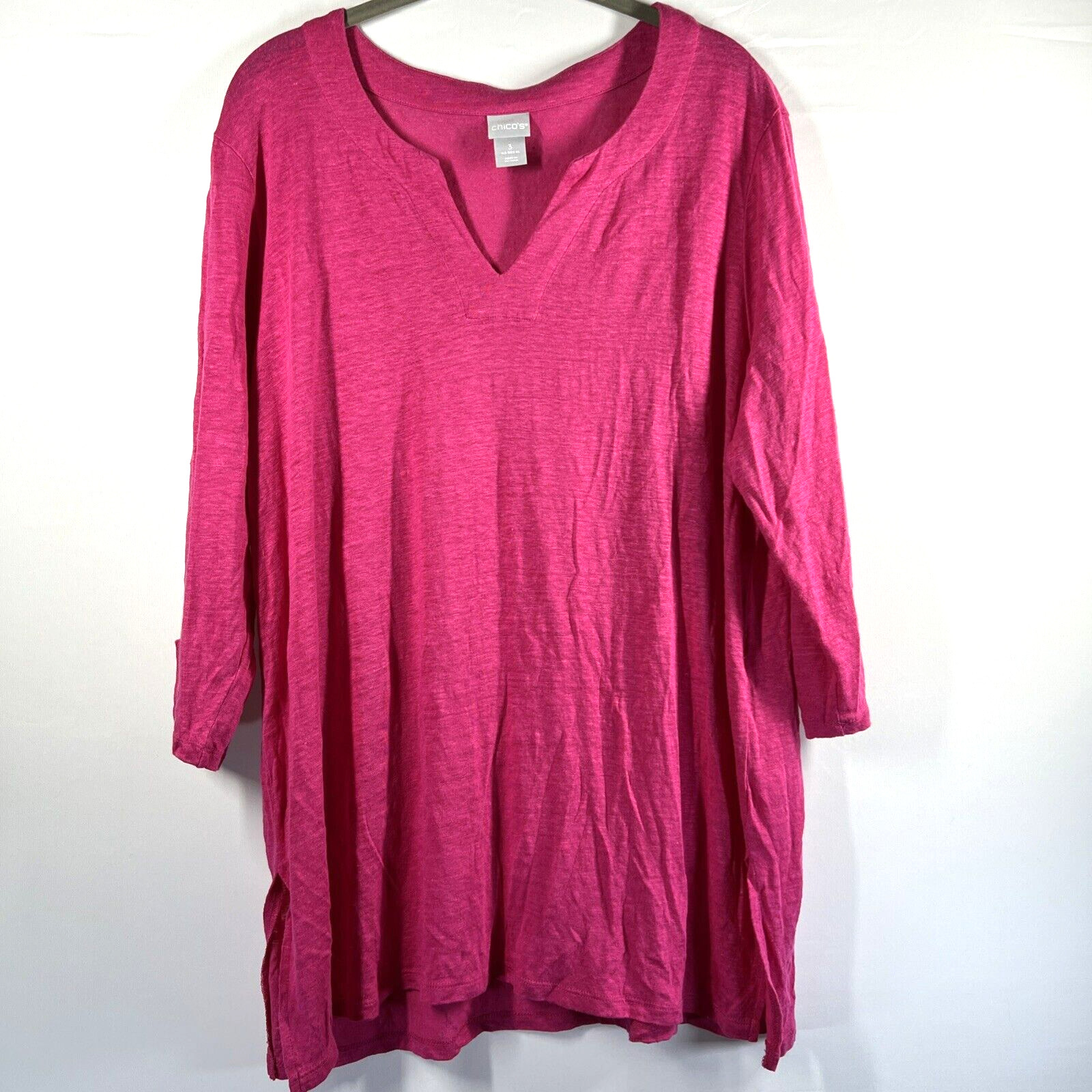 Chicos Women’s Top Tunic Size XL 100% Linen Slubbed Solid Pink V Neck Barbie