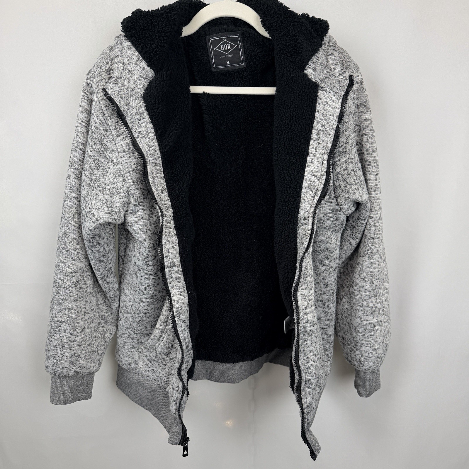ROX Hand Crafted Sherpa Lined Hoodie Jacket Mens M Full Zip Gray Marled Fleece
