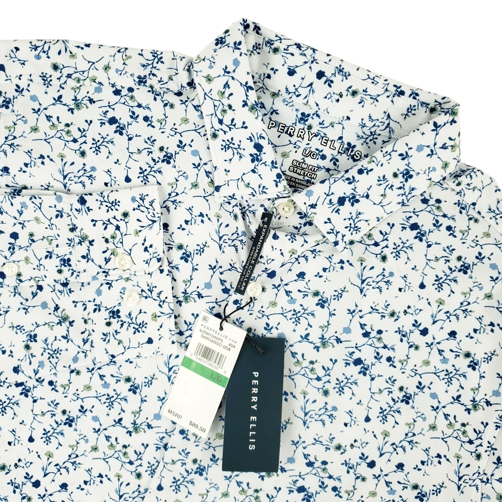 NEW Perry Ellis Shirt Men Large Long Sleeve Floral Slim Fit Stretch MSRP $89.50