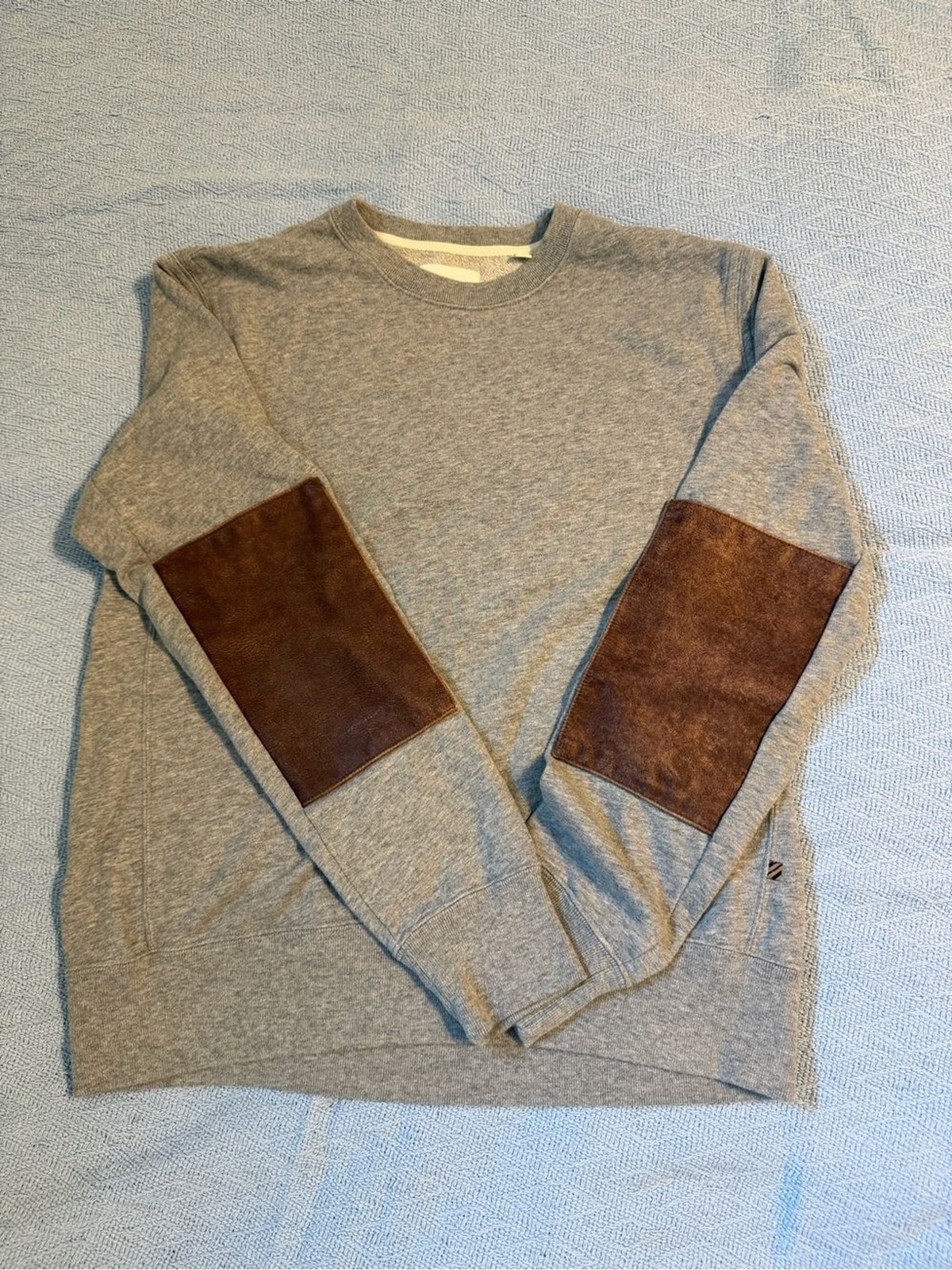 Billy Reid Men’s Grey Crewneck Sweater with Leather Elbow Patches