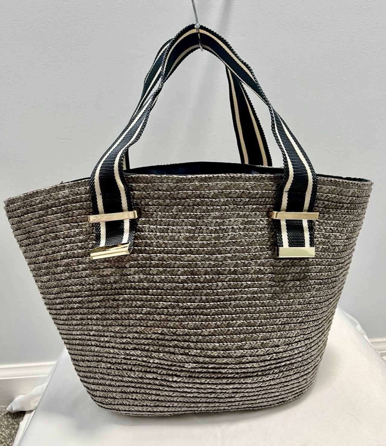 Lanvin Blue And Gray Straw Handbag With Red Flower Accent, Medium Size