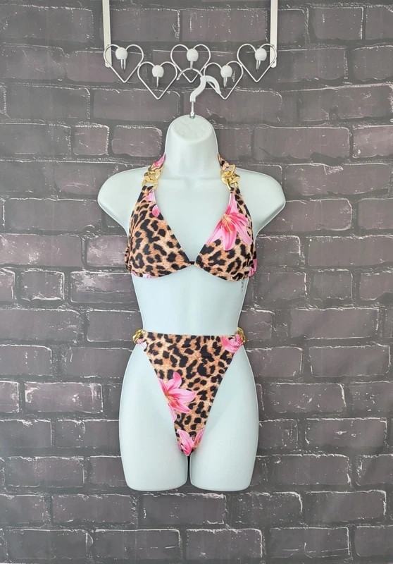 Women’s Floral Leopard Print Bikini UK16 gold embellished string high leg padded
