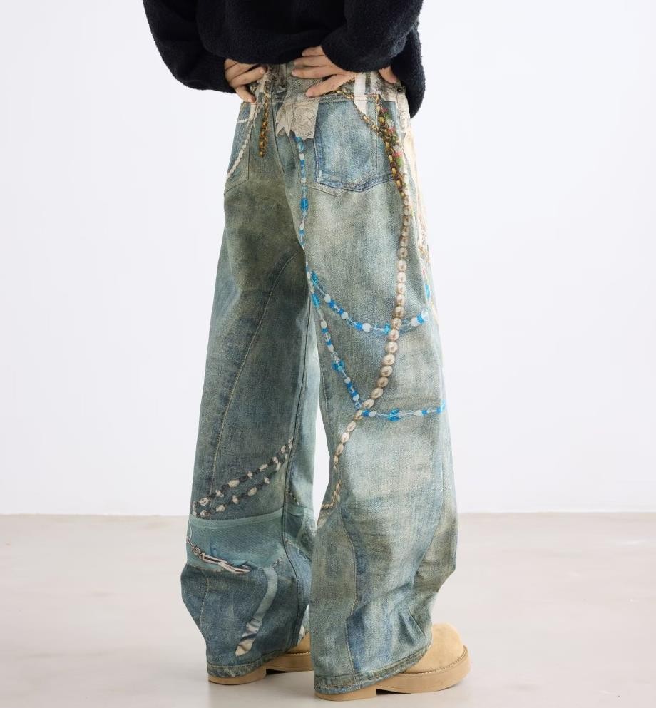 Men’s Retro Blue Denim Straight Leg Printed Jeans Punk Hip Hop Casual Trousers