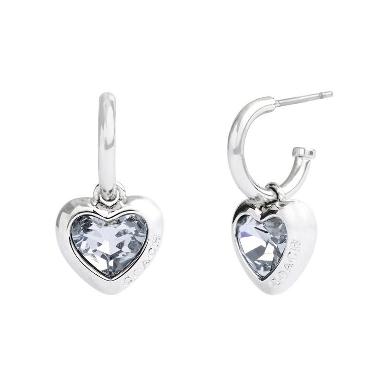 NWT Coach Stone Heart Huggie Earrings Clear Silver Tone