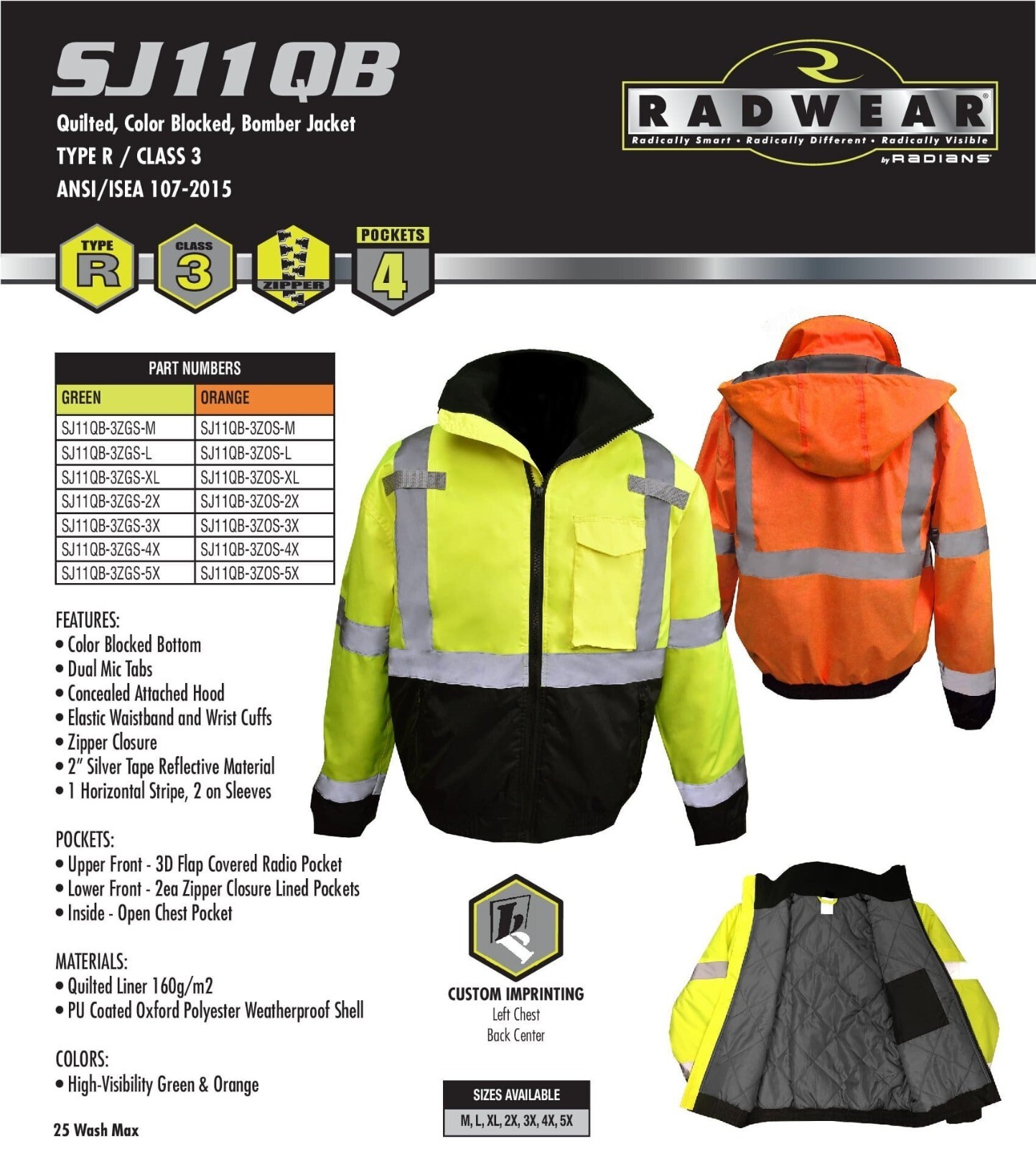 ANSI CLASS 3 HIGH VISIBILITY Reflective Insulated ROAD WORK Safety Bomber Jacket