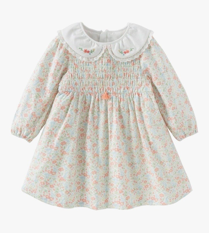 DAVE & BELLA Floral Smocked Collared Long Sleeve Knee Dress 3T White Pink Blue