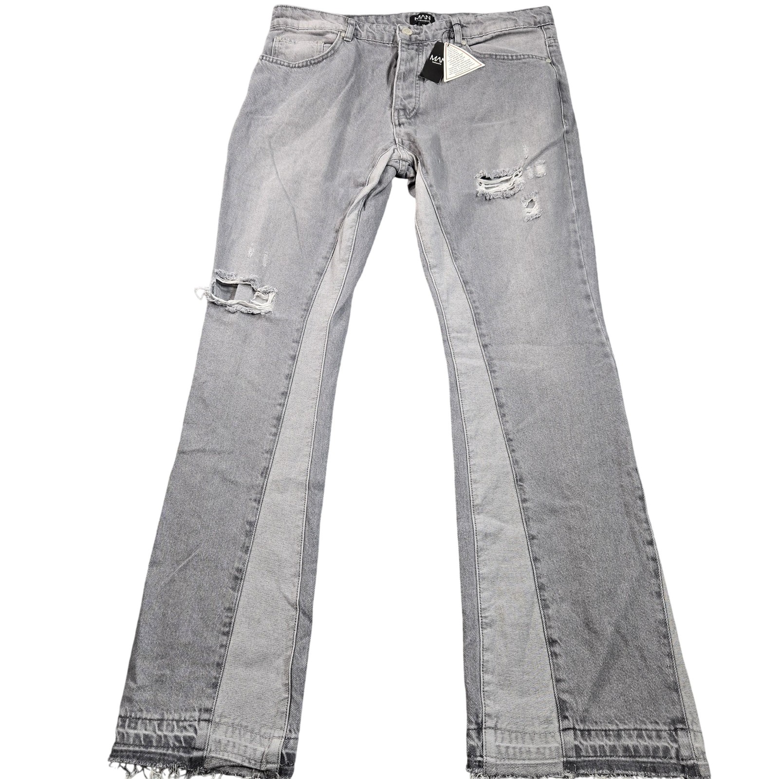 BoohooMAN Jeans Mens 36×34 Gray Light Wash Distressed Straight Button Fly Denim