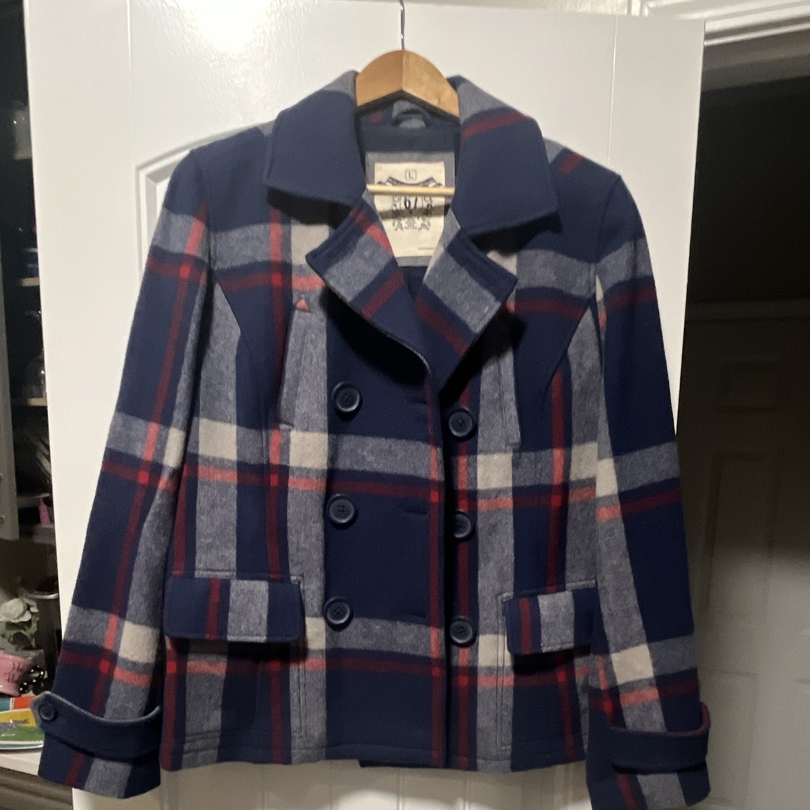 67 Women’s Plaid Pea Coat Wool Blend Lined Blue Red Gray Size L