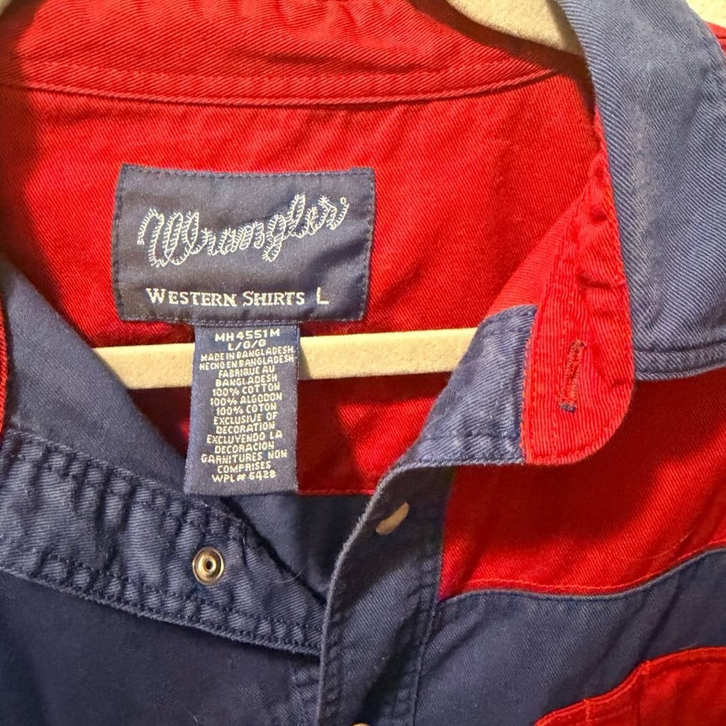 Vintage Wrangler Western Shirt Red White and Blue Colorblock Pearl Snap Shirt