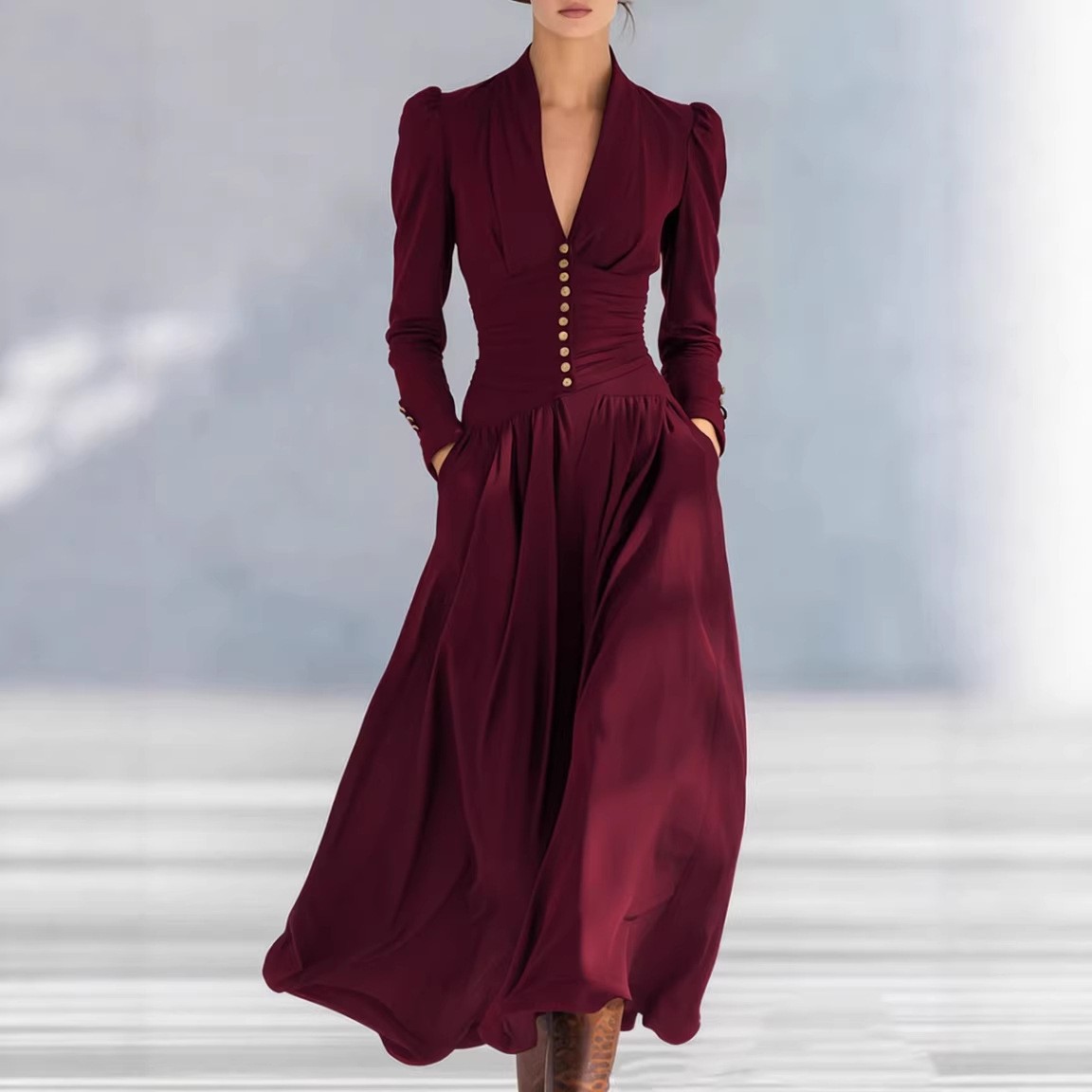 Elegant V-Neck Satin Dress with Puffed Long Sleeves and High Waist Silhouette