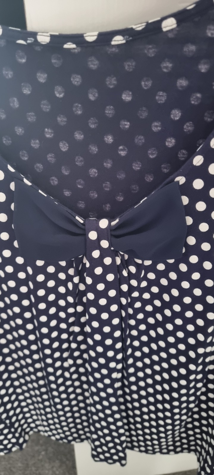 Navy Blue & White Polka Dot 3/4 Sleeve Top with Bow Detail