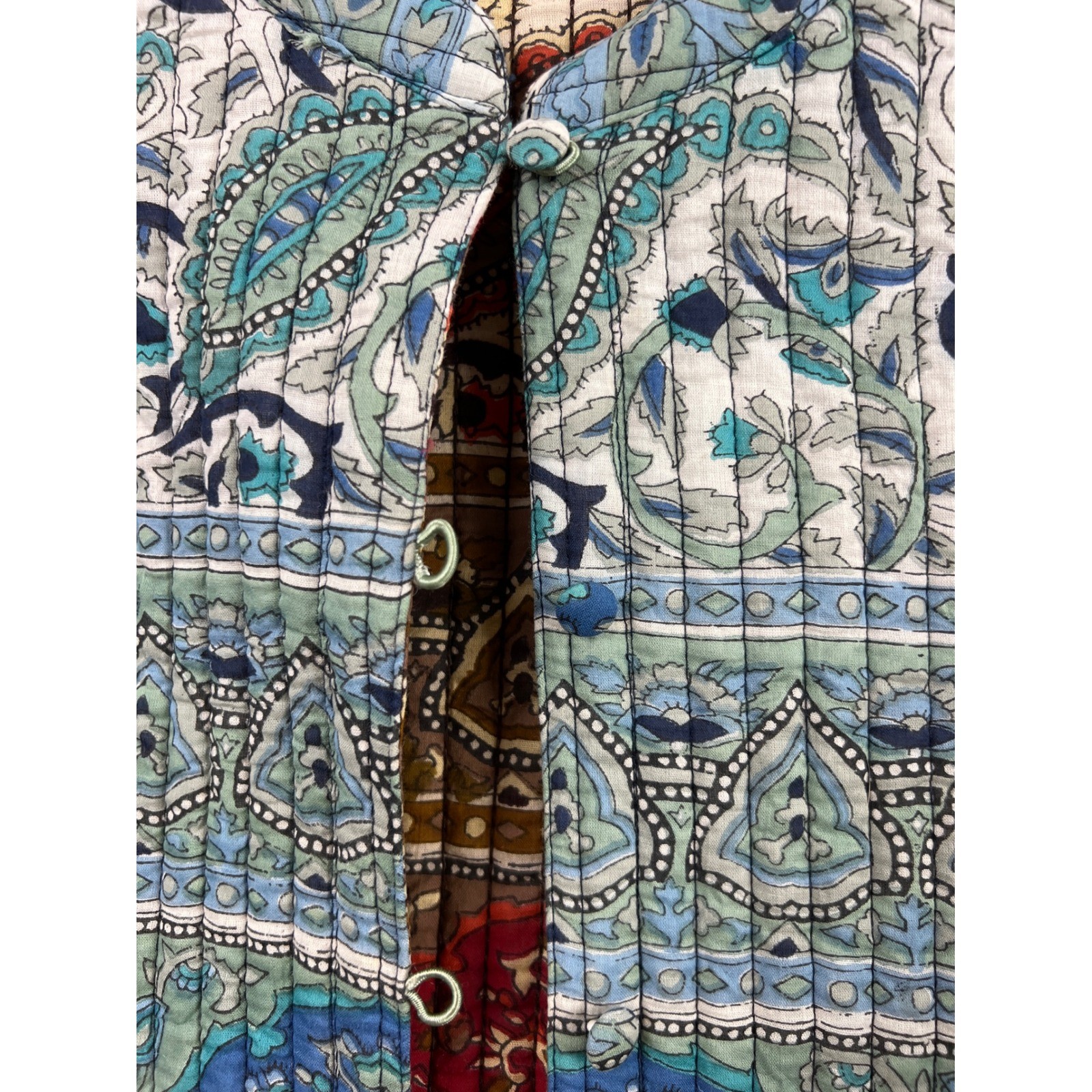 Phool Reversible Quilted Jacket Women Medium Blue Rust Cotton Paisley Boho India