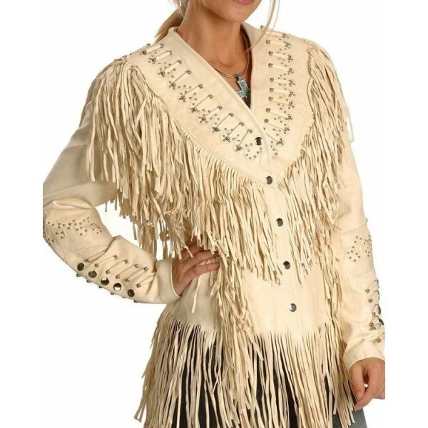 Women Western Style Real Leather Jacket Fringes & Bead Work – Cream Real Leather
