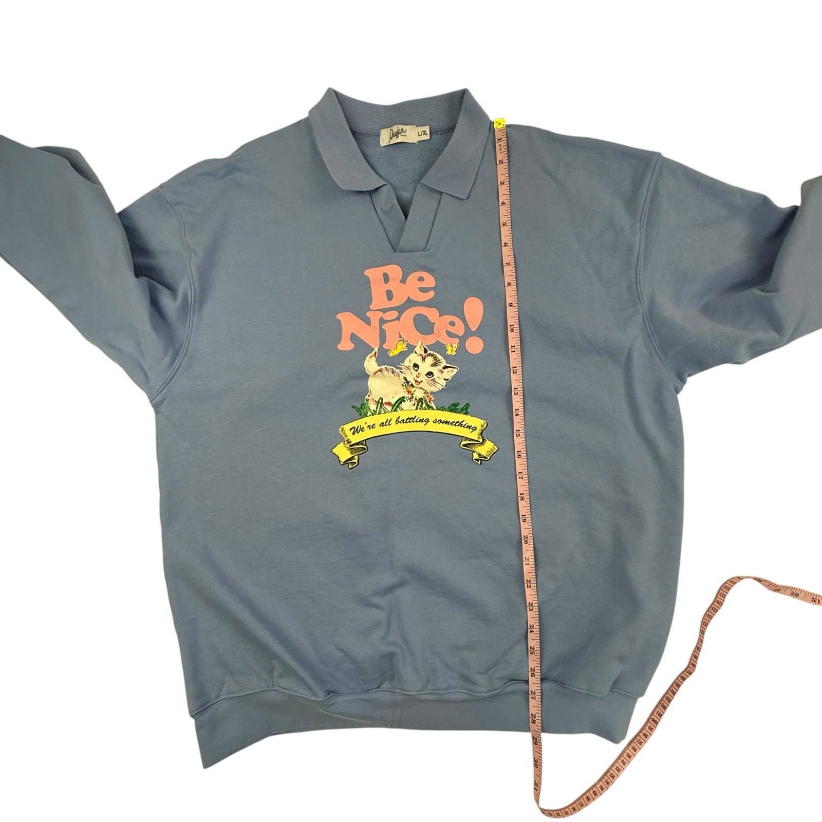 The Mayfair Group BE NICE! Graphic Sweatshirt L/XL Blue Oversized Collar